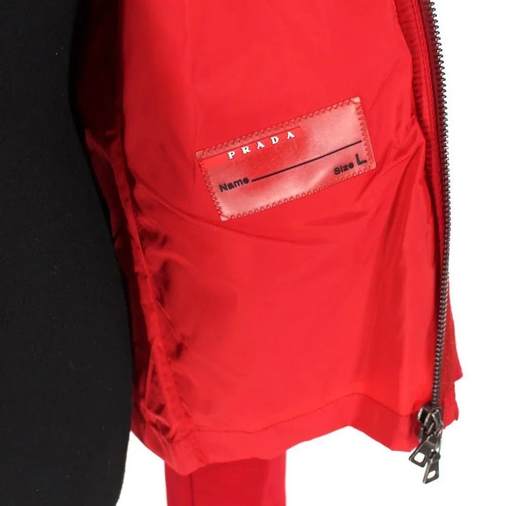 PRADA Sport Red Jacket Zip Up Collared Fleece Lined Nylon Trim Large Wool Top L - Picture 7 of 8